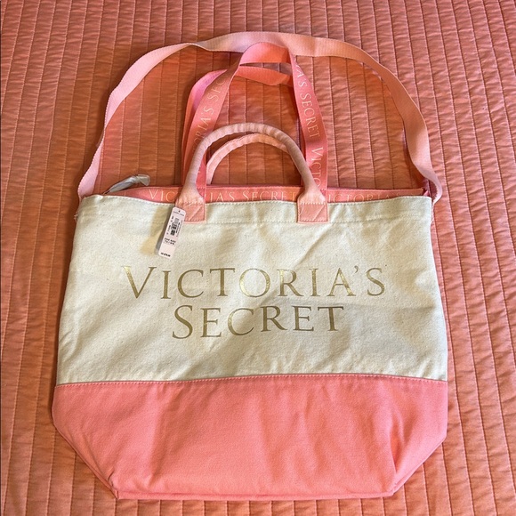 NWT Victoria's Secret Pink and Cream 2 in 1 Beach Tote with Insulated Cooler bag - Picture 10 of 16